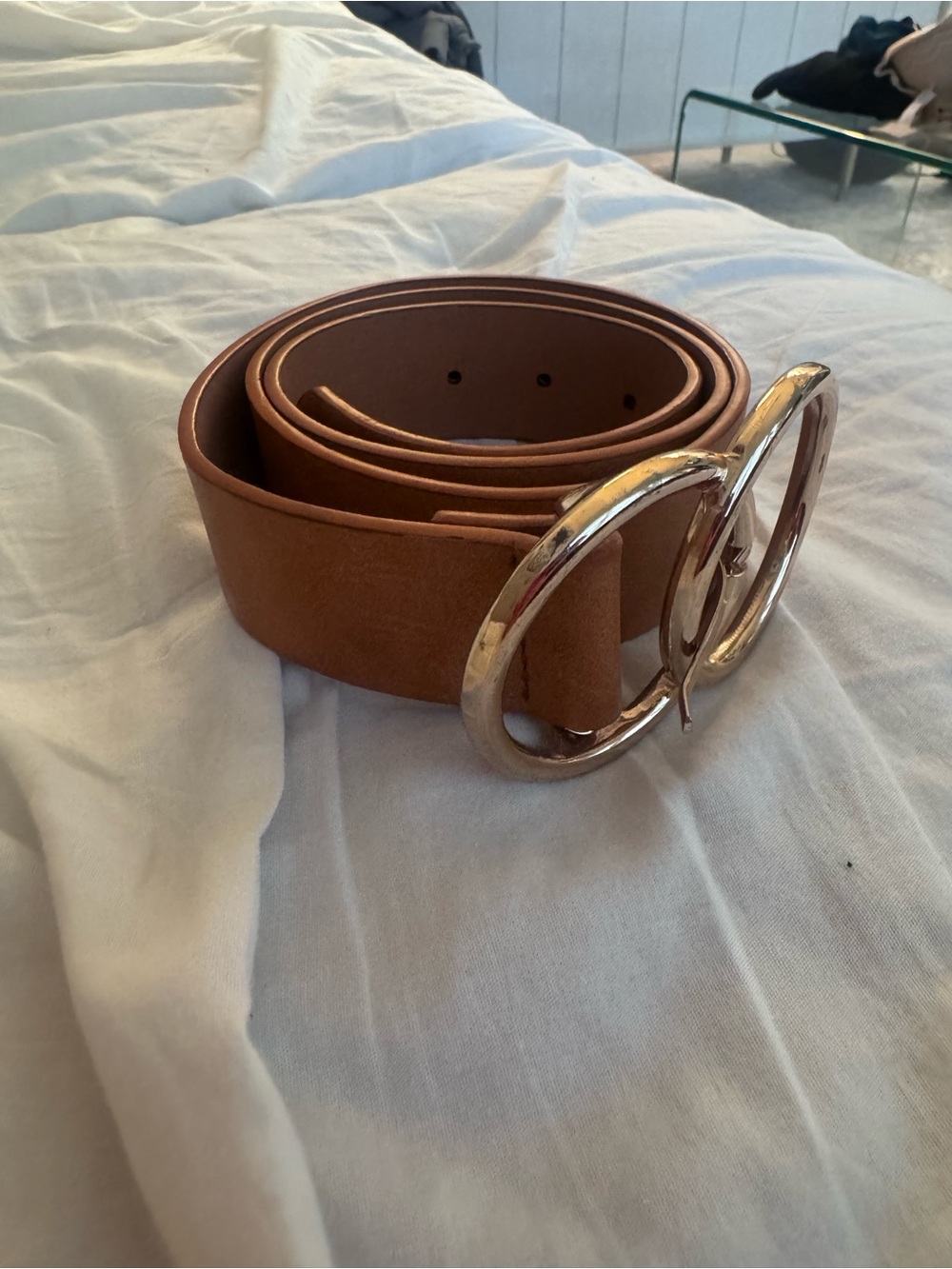 Woman’s Tan Leather Belt with Double Ring Buckle